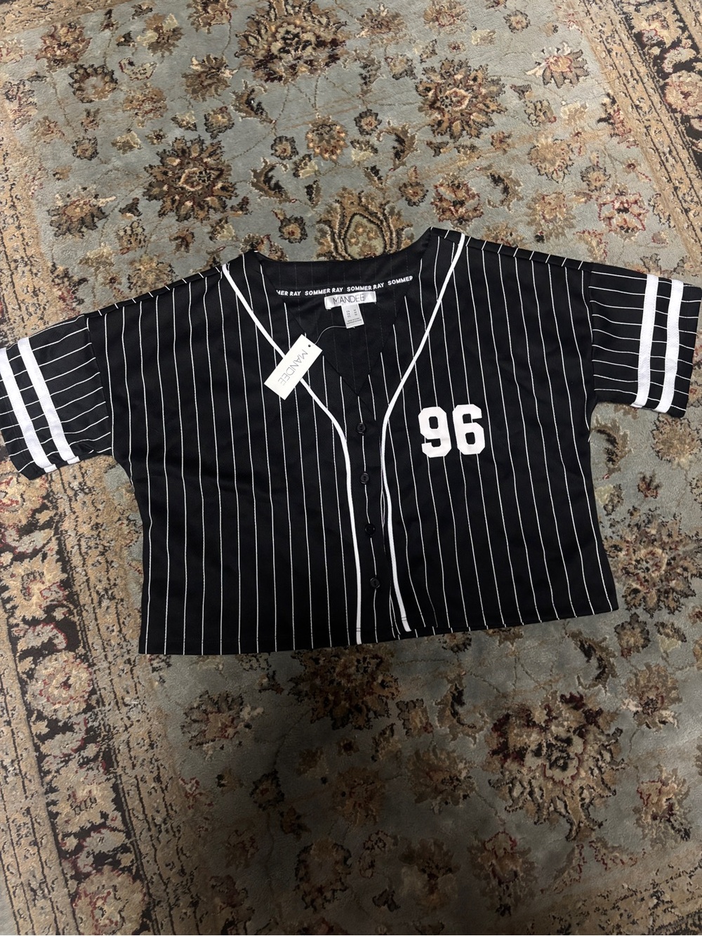 mandee Black Pinstripe Baseball Sommer Ray Crop Jersey Top with '96' Patch